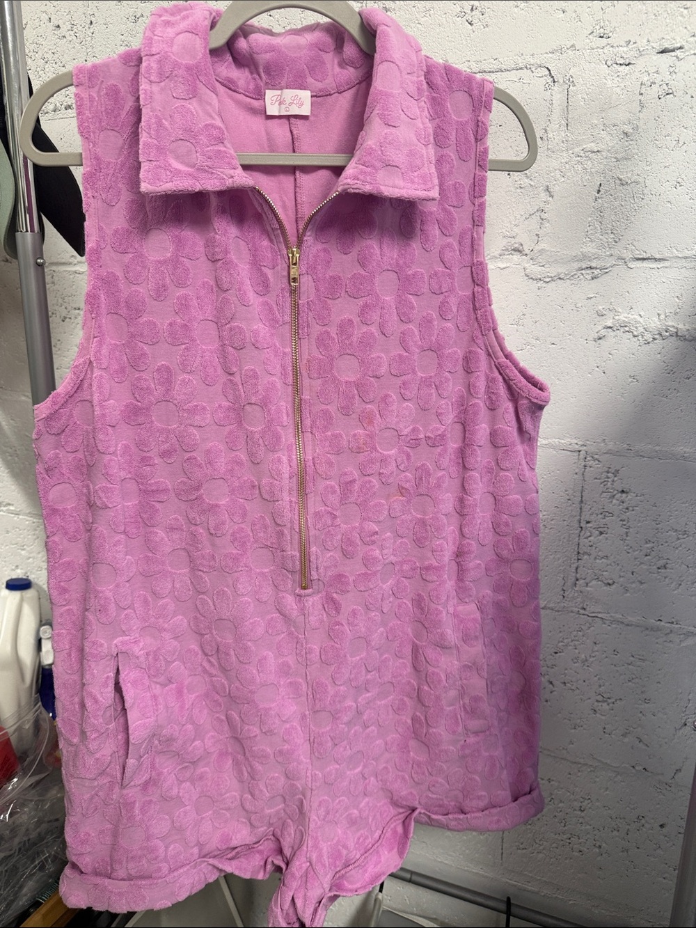 Pink Textured Floral Terry Romper Zip Size Large Swim Cover Up Shorts WORN ONCE